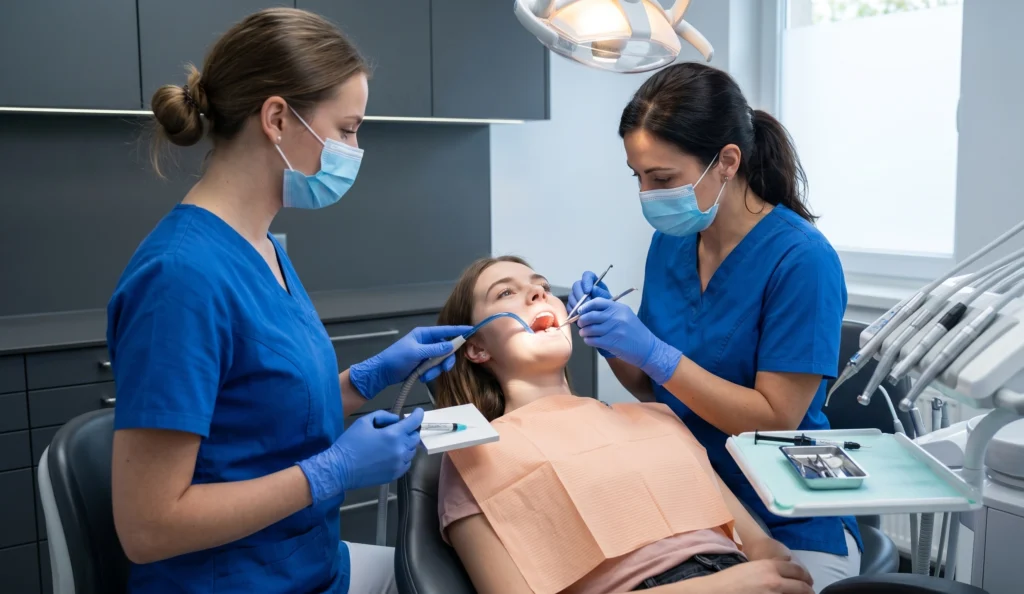 dentista atendiendo a una paciente para hacerle una tapadura de operatoria dental - mejores dentistas chile