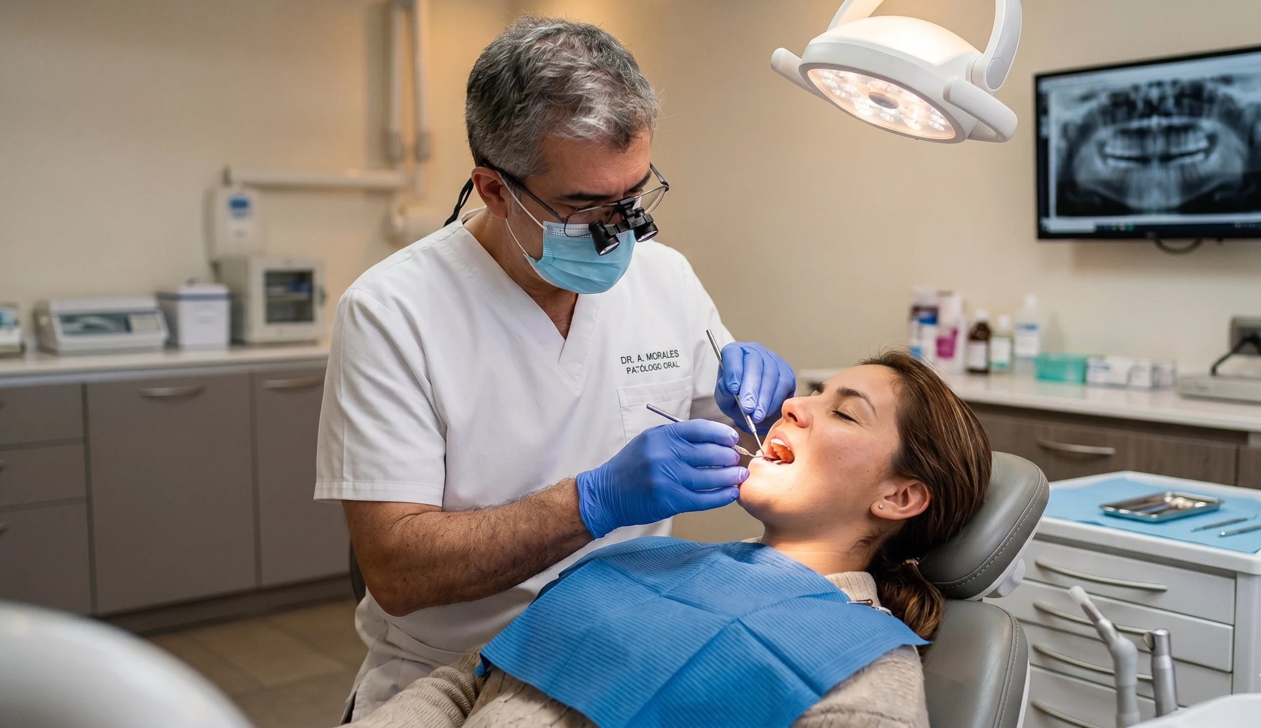 patologo oral examinando a una paciente - mejores dentistas Chile