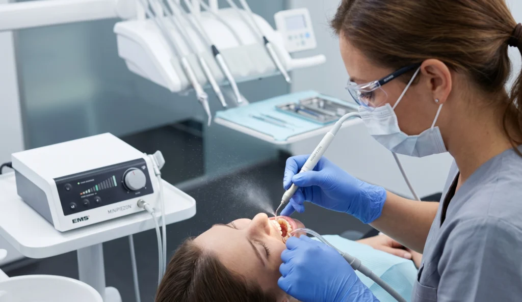 dentista realizando limpieza dental con ultrasonido - mejores dentistas Chile