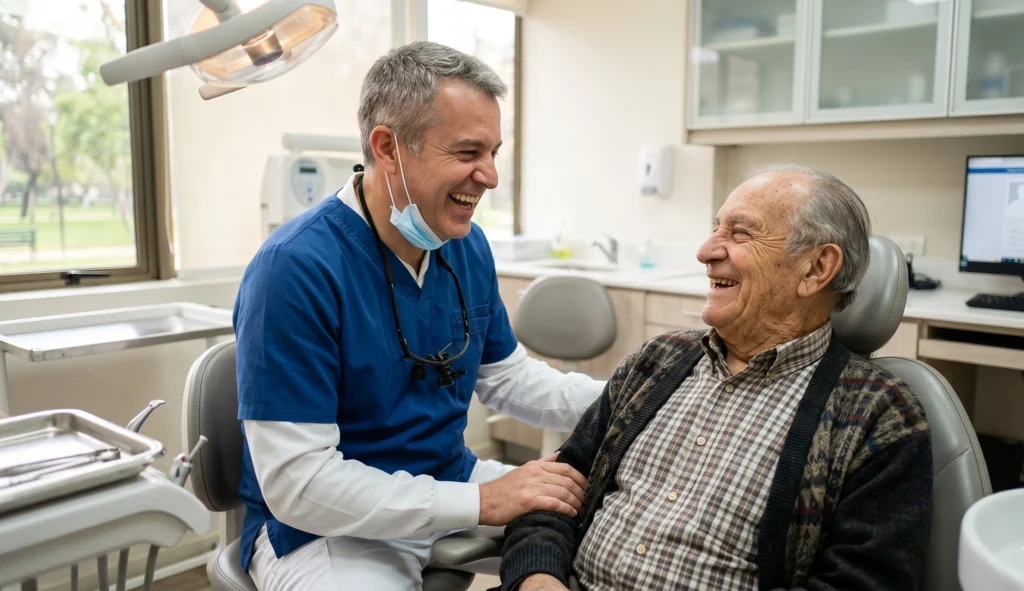 paciente de tercera edad sonriendo en el box de un dentista - mejores dentistas Chile
